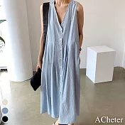 【ACheter】韓國東大門2021夏季復古背後排扣無袖棉麻洋裝#109190- F 藍