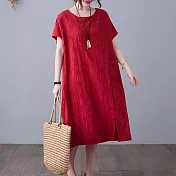 【ACheter】復古大碼緹花棉麻寬鬆洋裝#109124- M 紅
