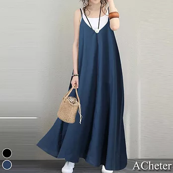 【ACheter】日韓人氣通勤調節背帶A字舞動寬鬆洋裝#109231- F 藍