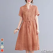 【ACheter】高端自然風亞麻氣質繡花收腰寬鬆洋裝#109264- M 橘