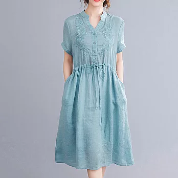 【ACheter】高端自然風亞麻氣質繡花收腰寬鬆洋裝#109264- M 藍