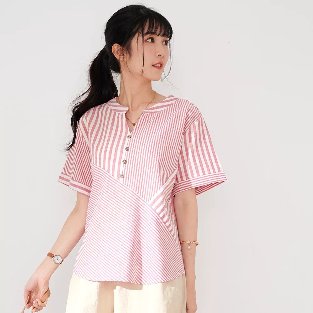【慢。生活】交錯設計色織條紋小衫 8593　 FREE 粉紅條