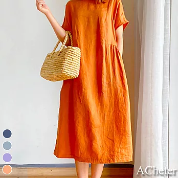 【ACheter】簡約文藝風時尚嫩彩棉麻寬鬆洋裝#109313- M 橘
