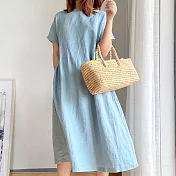 【ACheter】簡約文藝風時尚嫩彩棉麻寬鬆洋裝#109313- M 藍