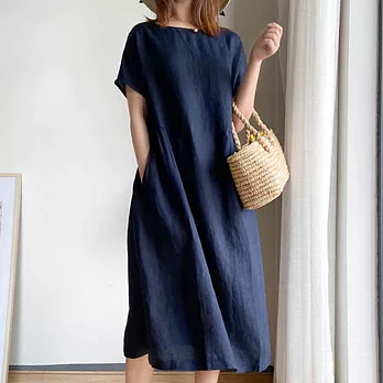 【ACheter】簡約文藝風時尚嫩彩棉麻寬鬆洋裝#109313- M 藏青