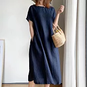 【ACheter】簡約文藝風時尚嫩彩棉麻寬鬆洋裝#109313- XL 藏青
