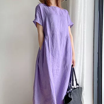 【ACheter】簡約文藝風時尚嫩彩棉麻寬鬆洋裝#109313- M 紫