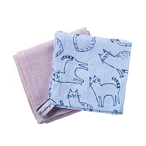 【日本Habituel】超吸水雙重紗萬用純棉布巾2入組 ‧ 素色+貓咪(藍)