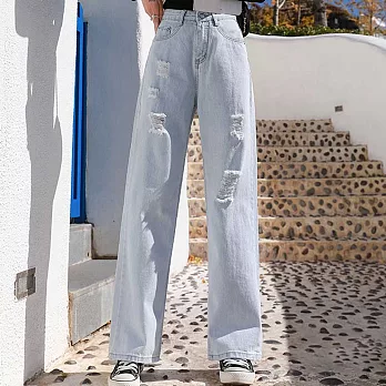【MsMore】韓國少女團時尚破洞寬鬆高腰直筒牛仔拖地褲#109339- XL 藍