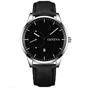 Geneva 日內瓦-純真年代兩針大器日曆時尚手錶(2色任選) _黑面銀殼黑帶