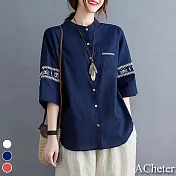 【ACheter】日雜知性立體刺繡五分袖襯衫#109213- XL 藏青