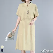 【ACheter】日式好人家純色收腰顯瘦鬆棉麻洋裝#109354- L 卡其