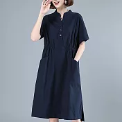 【ACheter】日式好人家純色收腰顯瘦鬆棉麻洋裝#109354- L 藏青