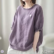【ACheter】日式木耳領純色刺繡棉麻寬鬆上衣#109411- XL 紫
