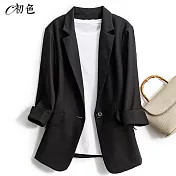 【初色】透氣棉麻西裝外套-共4色-99062(M-2XL可選) M 黑色