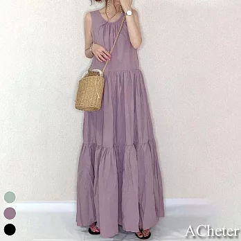 【ACheter】日本小清新背蝴蝶系帶棉麻蛋糕背心洋裝#109434- F 紫