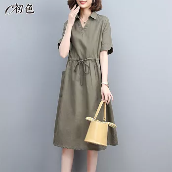【初色】純色繫帶收腰洋裝-共2色-99081(M-2XL可選) L 軍綠