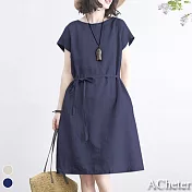 【ACheter】韓國大碼氣質純色簡約儷人寬鬆洋裝#109356- XL 藏青