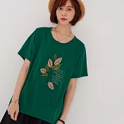 【慢。生活】文藝樹葉刺繡休閒T恤 1580　 FREE 綠色