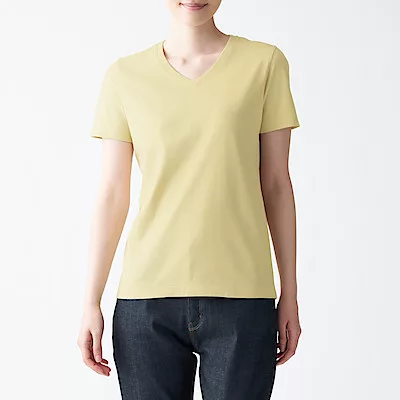 [MUJI無印良品]女有機棉天竺V領短袖T恤 XS 黃色