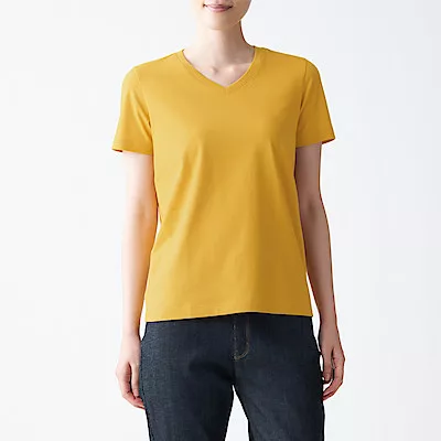 [MUJI無印良品]女有機棉天竺V領短袖T恤 L 煙燻黃