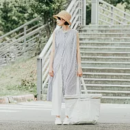 [MUJI無印良品]女有機棉水洗強撚無袖洋裝 XL 深灰直紋