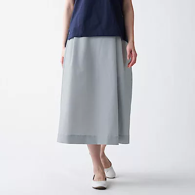 [MUJI無印良品]女聚酯纖維彈性泡泡紗寬擺褲 XL 暗藍直紋