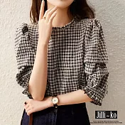 【Jilli~ko】格紋泡泡袖皺面小衫 J8111 L　 L 黑色