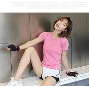 【JAR嚴選】夏季新款速乾短袖瑜珈運動套裝組(衣+褲) L 粉衣+白褲
