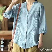 【ACheter】大地色系簡約刺繡開襟V領顯瘦棉麻襯衫#109541- M 藍