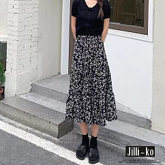 【Jilli~ko】高腰碎花拼接長裙 3673  FREE 黑色