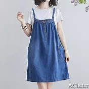 【ACheter】薄款可調節磨白刷色寬鬆吊帶牛仔裙洋裝#109355- M 牛仔藍