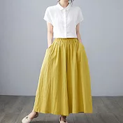 【AMIEE】鬆緊棉麻寬褲(KDP-3012) FREE 黃色