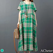 【ACheter】富士山拼接格紋寬鬆棉麻洋裝#109691- M 綠
