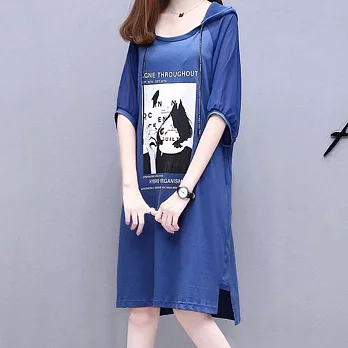 【MsMore】韓版大碼連帽印花拼接柔舒眠寬鬆洋裝#109539- M 藍