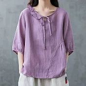【ACheter】亞麻棉感少女自然風寬鬆七分袖上衣#109791- XL 紫