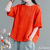 【ACheter】氣質復古竹刺繡大碼棉麻寬鬆上衣#109795- 2XL 橘