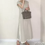 【MsMore】日系純色大碼兩件套壓摺拼接大裙擺短袖洋裝#109824- F 灰