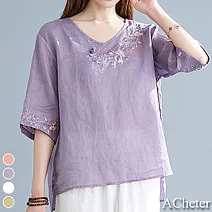 【ACheter】盤扣美人刺繡寬鬆棉麻上衣#109879- M 紫