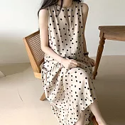 【MsMore】韓國優雅圓點背心寬鬆涼感雪紡長洋裝#109896- L 卡其