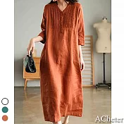 【ACheter】文靜幽雅摺排釦棉麻七分袖寬鬆洋裝#110037- L 橘