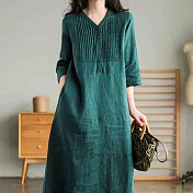 【ACheter】文靜幽雅摺排釦棉麻七分袖寬鬆洋裝#110037- L 墨綠