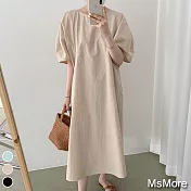 【MsMore】韓國千金泡泡袖棉麻洋裝#110009- F 杏