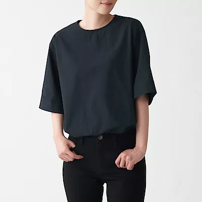 [MUJI無印良品]女有機棉府綢五分袖套衫XS-S 黑色