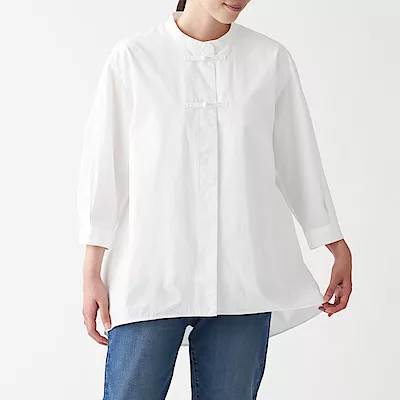 [MUJI無印良品]女有機棉府綢紐結扣長版襯衫XS-S 白色