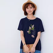 【慢。生活】文藝樹葉刺繡休閒T恤 1580　 FREE 深藍色