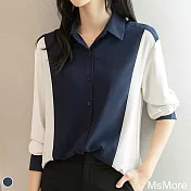 【MsMore】 高端焦點氣質撞色長袖雪紡襯衫#110136- M 藍