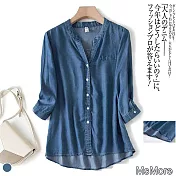 【MsMore】天絲薄款牛仔襯衫五分袖V襯衫#110117- L 深藍