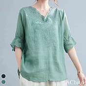 【ACheter】韓版優雅顯瘦棉麻刺繡上衣#110171- L 綠
