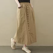 【ACheter】棉質大口袋開衩寬鬆鬆緊腰顯瘦長裙#110045- M 卡其